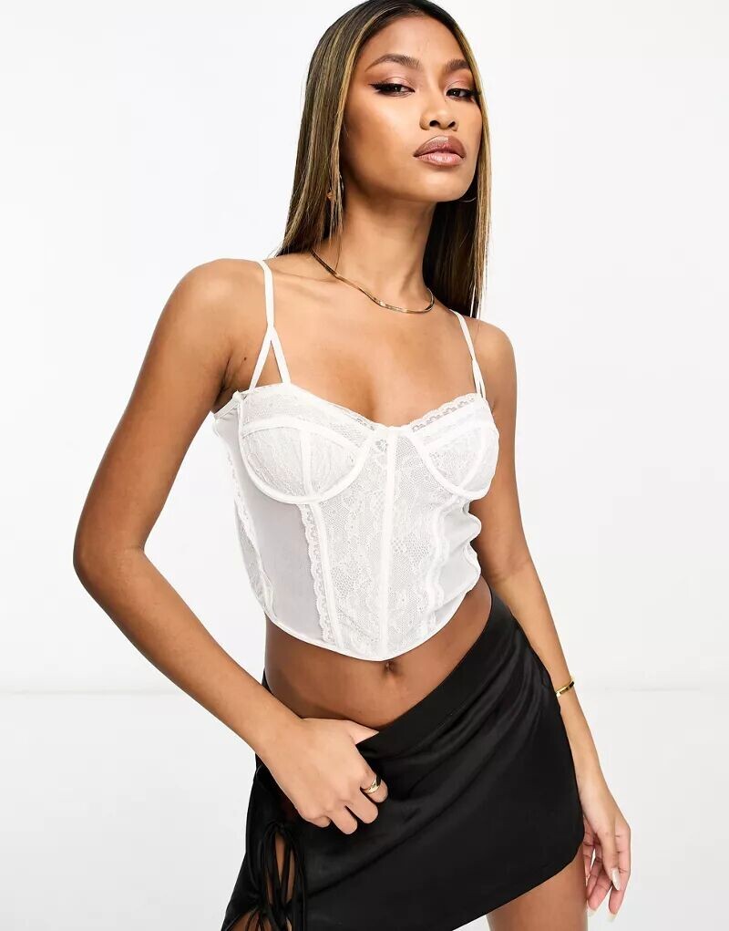 

Белый удлиненный корсетный топ с кружевом и тонкими бретелями ASOS