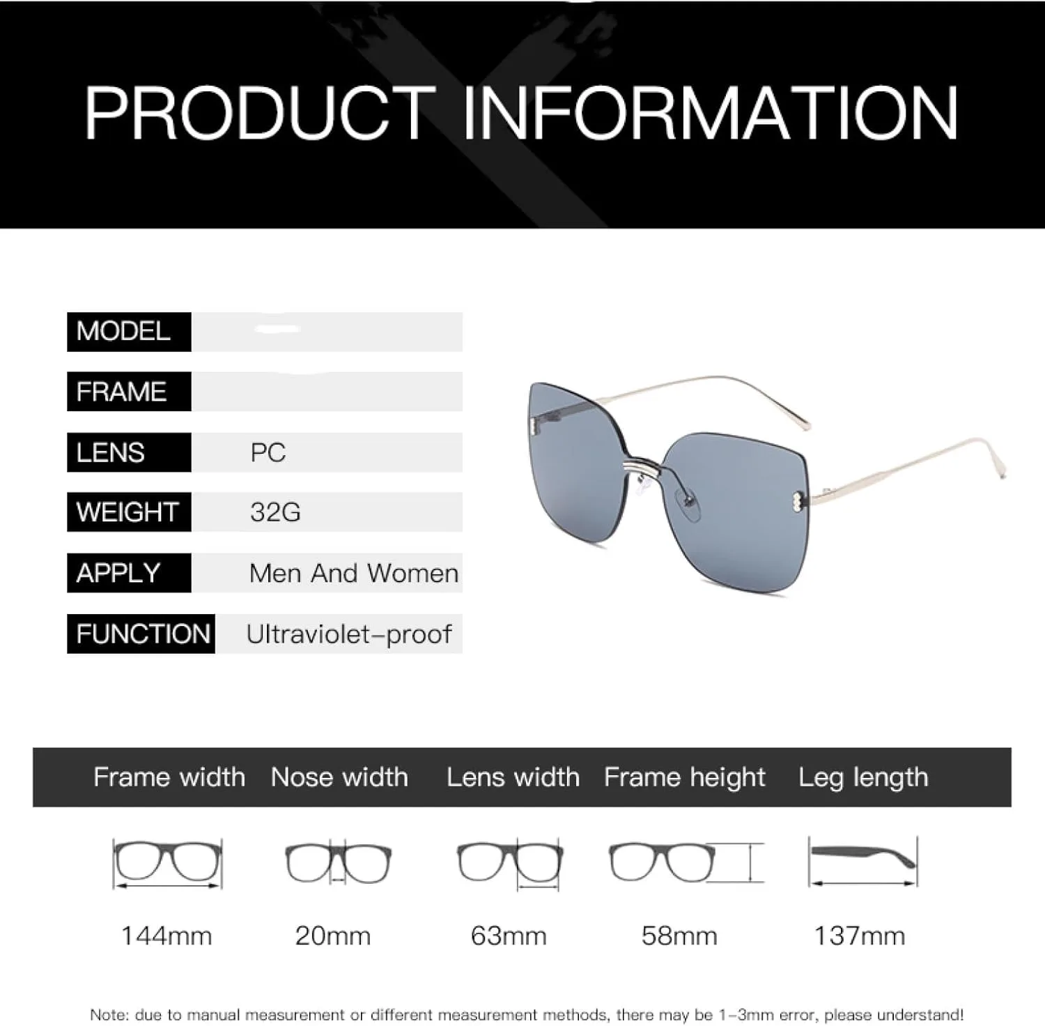 

Женские солнцезащитные очки «кошачий глаз» без оправы, увеличенного размера, роскошные модные очки. Мужские очки в смелом стиле без оправы TKKTLLT, C4 Black Gray