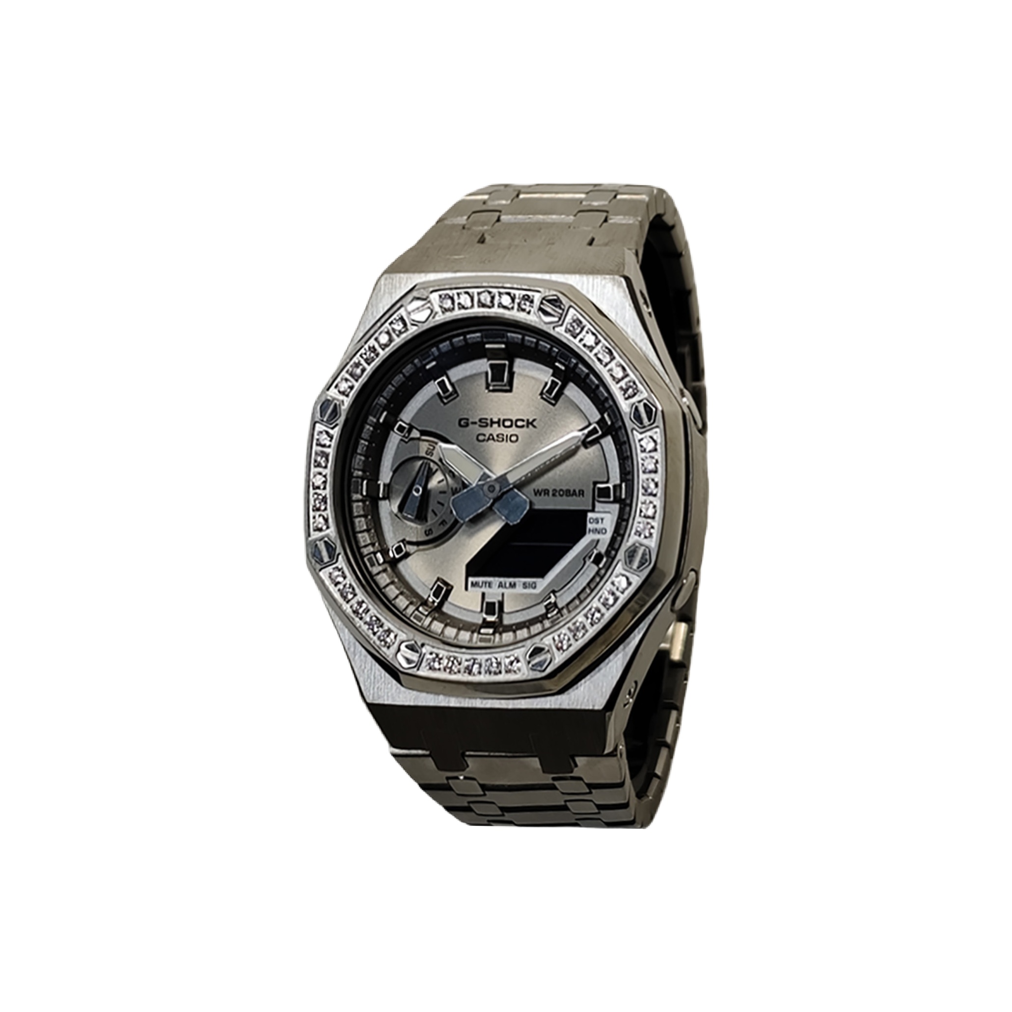 

CASIO Часы Men Liquid Crystal/Analog Dual Display Series 44mm White Watch, Silver Steel Bezel Diamond Snowfall Silver
