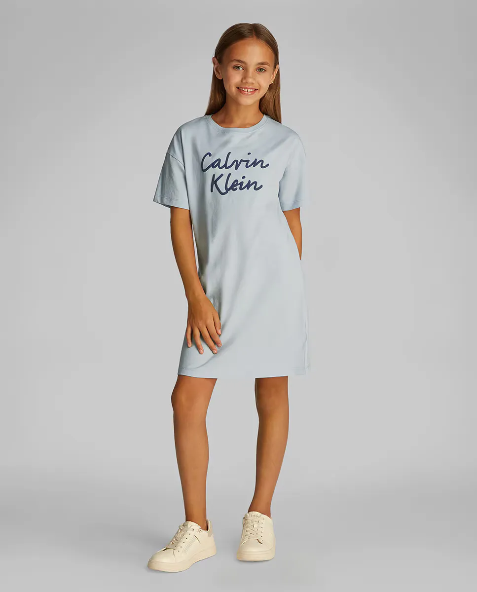 

Платье-футболка для девочек с курсивным логотипом Calvin Klein, светло-голубой
