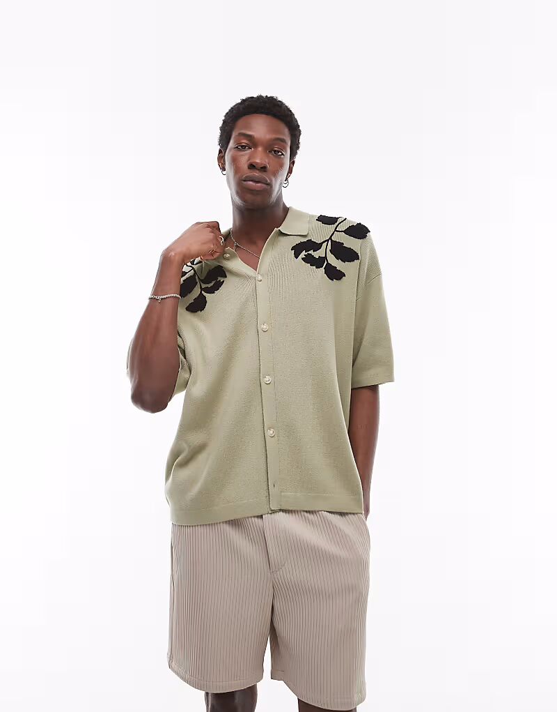 

Topman Sage Green and Black Цветочная вышитая трикотажная рубашка