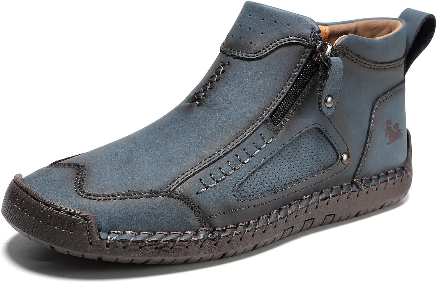 

Мужские кожаные ботинки NXNBHSL с ручной строчкой, круглый носок, ботинки до щиколотки с боковой молнией, модные, удобные, винтажные, легкие, для прогулок, вождения, средние по высоте, для повседневной носки и офиса, синий