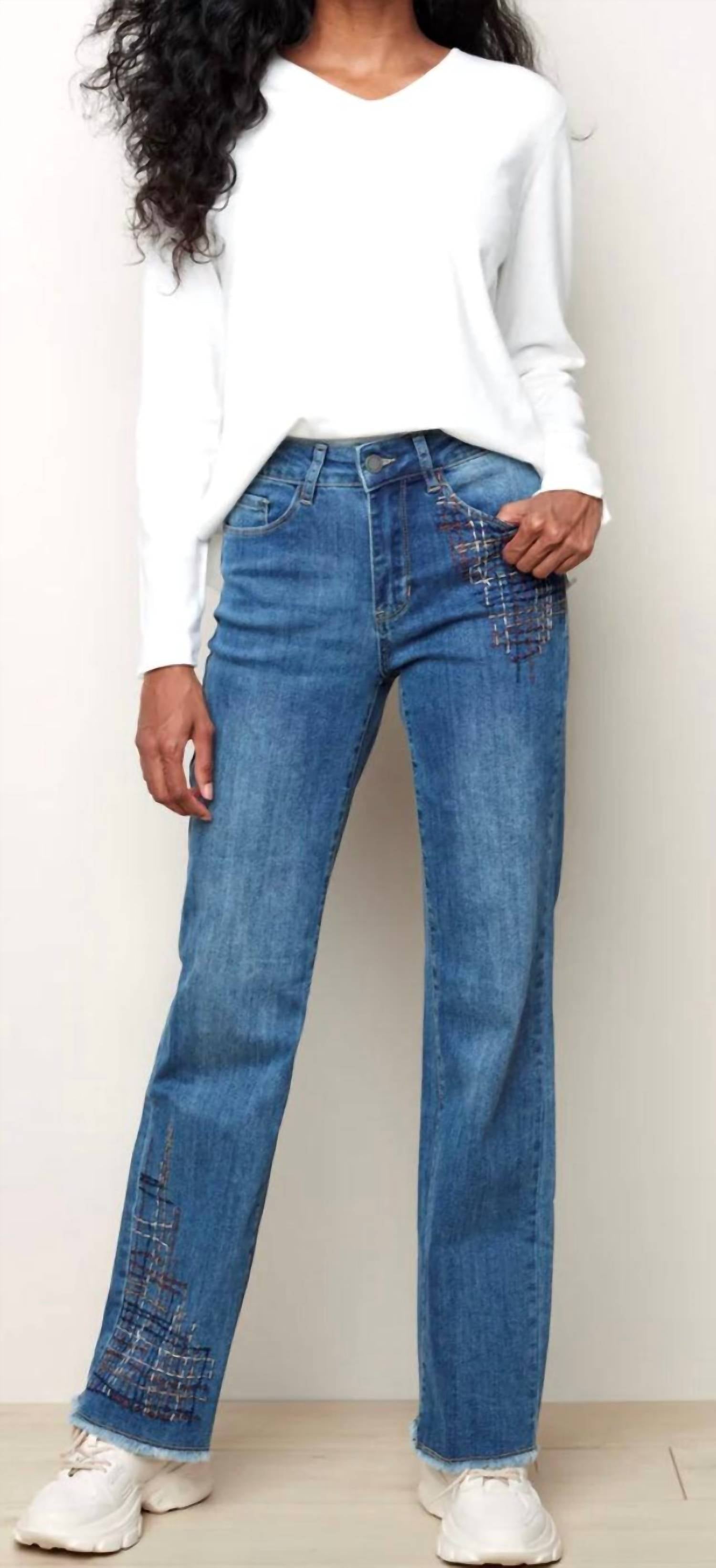 

Джинсы Boot Cut с прострочкой и бахромой по низу синего цвета CHARLIE B