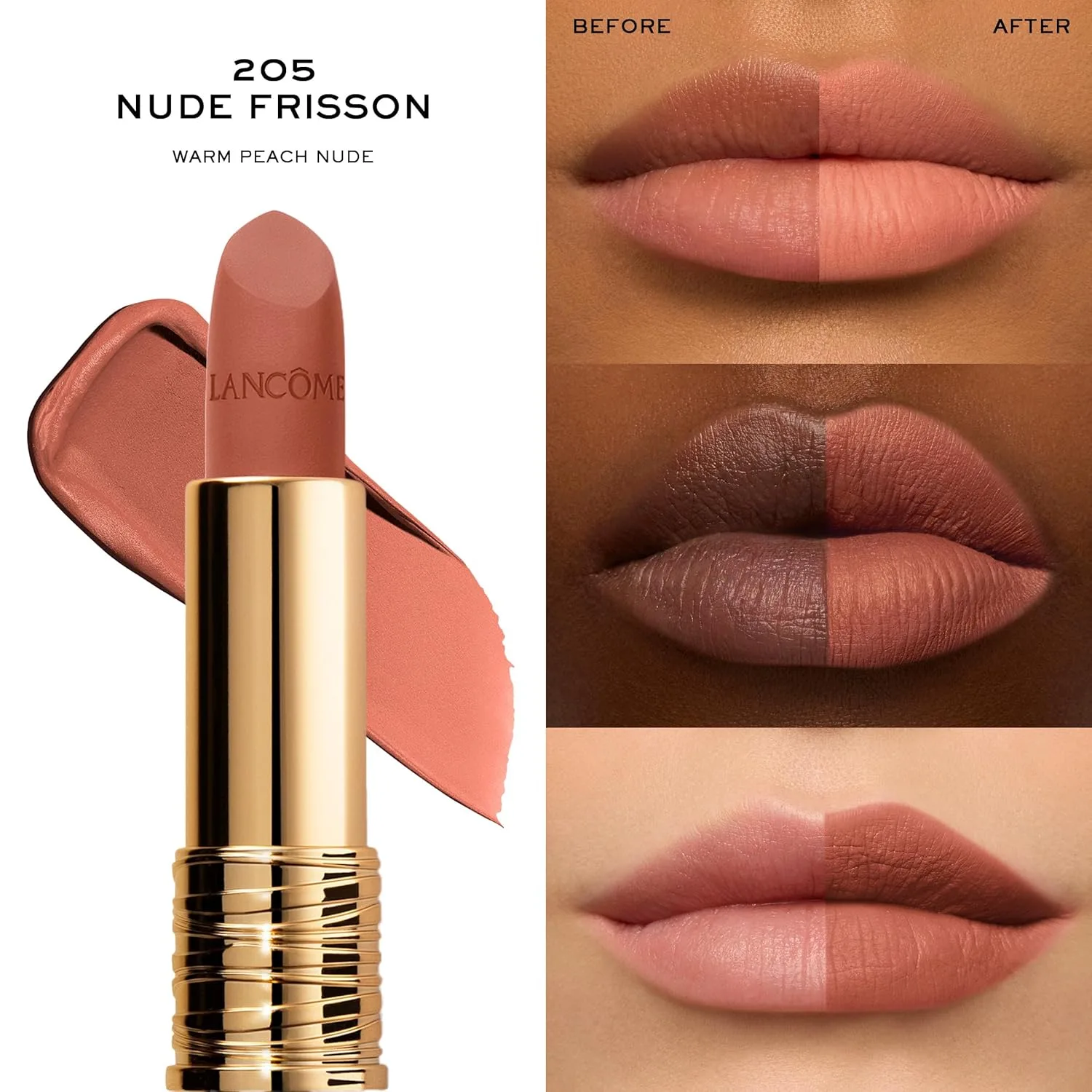 Матовая помада Lancôme L'Absolu Rouge Drama, ультраматовое покрытие, 8-часовое покрытие, керамиды, гиалуроновая кислота, экстракт розы для увлажнения и комфорта, стойкая к размазыванию., 205 Nude Frisson — фото 3