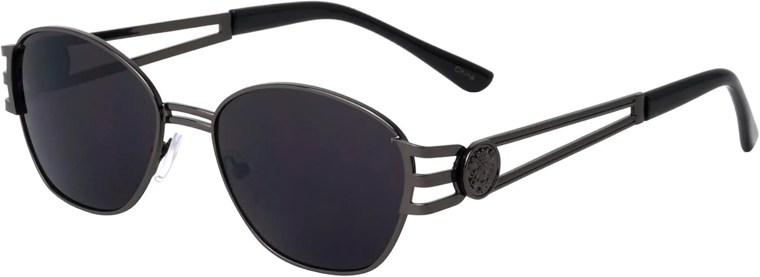 

Kleo Regal - Овальные солнцезащитные очки в стиле хип-хоп с тремя линиями на дужках и вырезом в виде монеты, медальоном в виде головы льва, Black Gunmetal