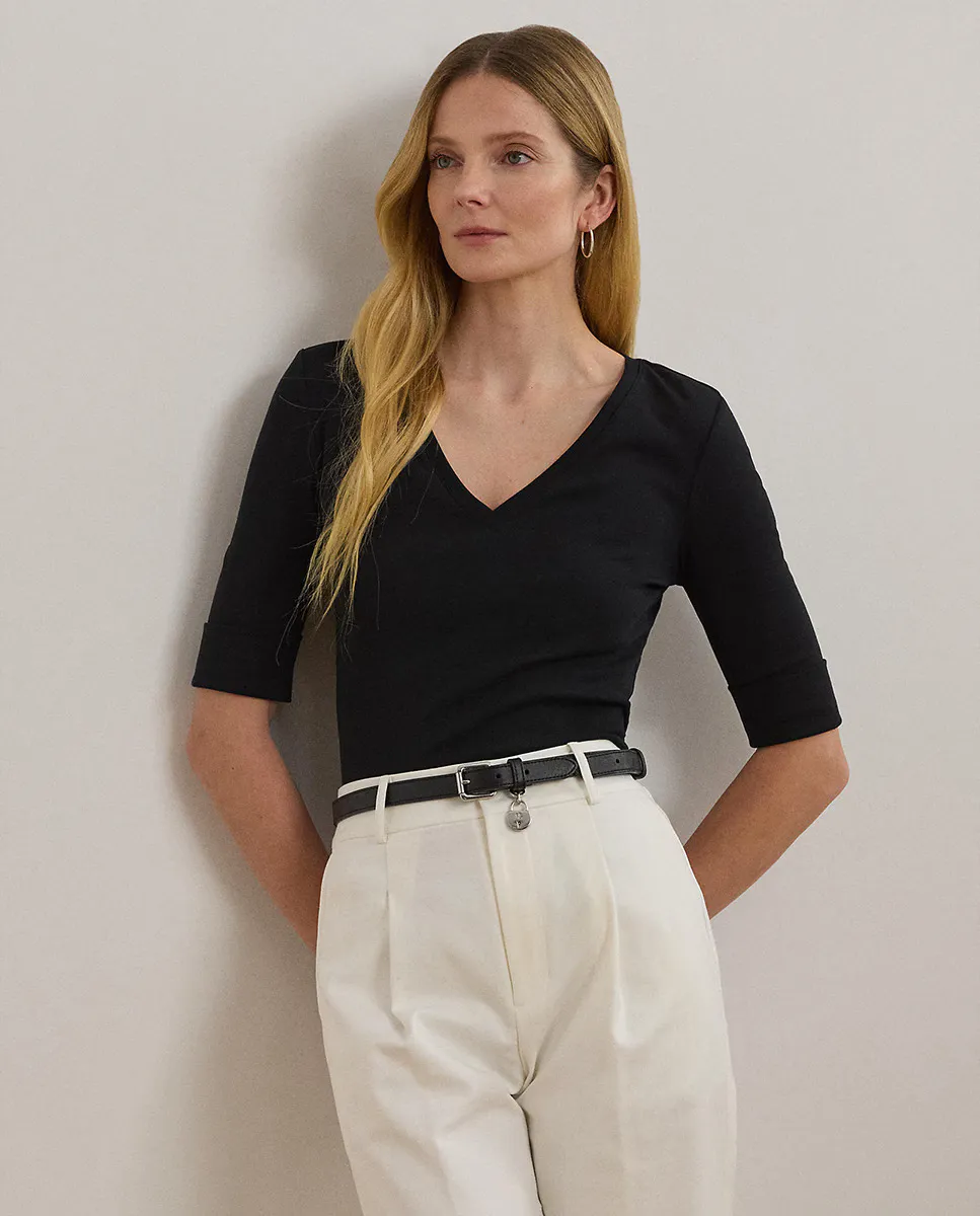 

Женская хлопковая футболка с V-образным вырезом Lauren Ralph Lauren, черный