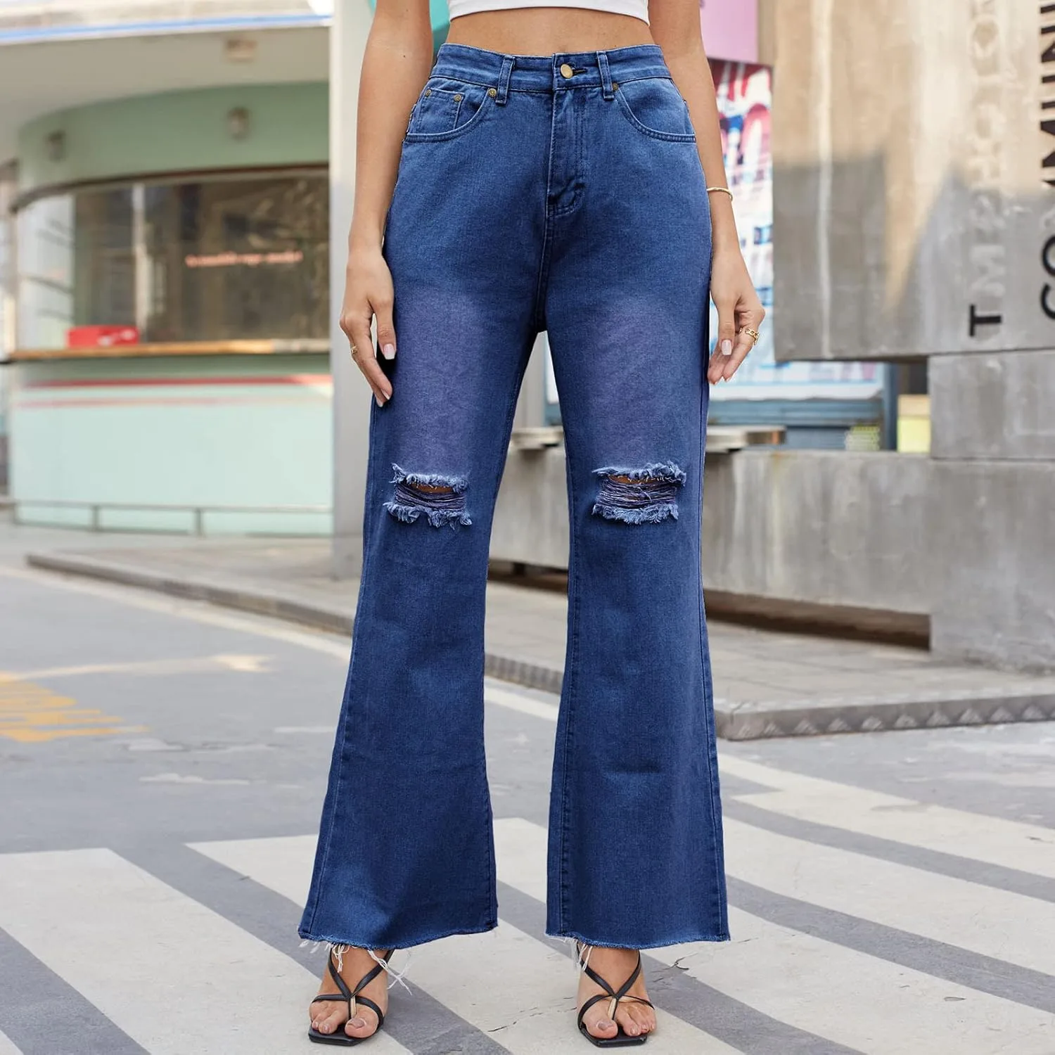 Женские рваные джинсы Wide Leg в стиле Y2K с высокой посадкой — фото 4