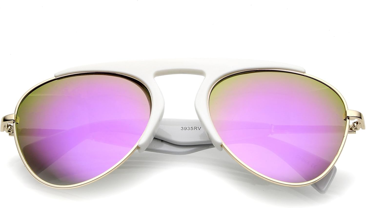 

zeroUV - Солнцезащитные очки-авиаторы с массивной перемычкой над бровями, оправой в форме замочной скважины, цветными зеркальными линзами, диаметр линз 56 мм, Shiny White-gold / Purple Mirror