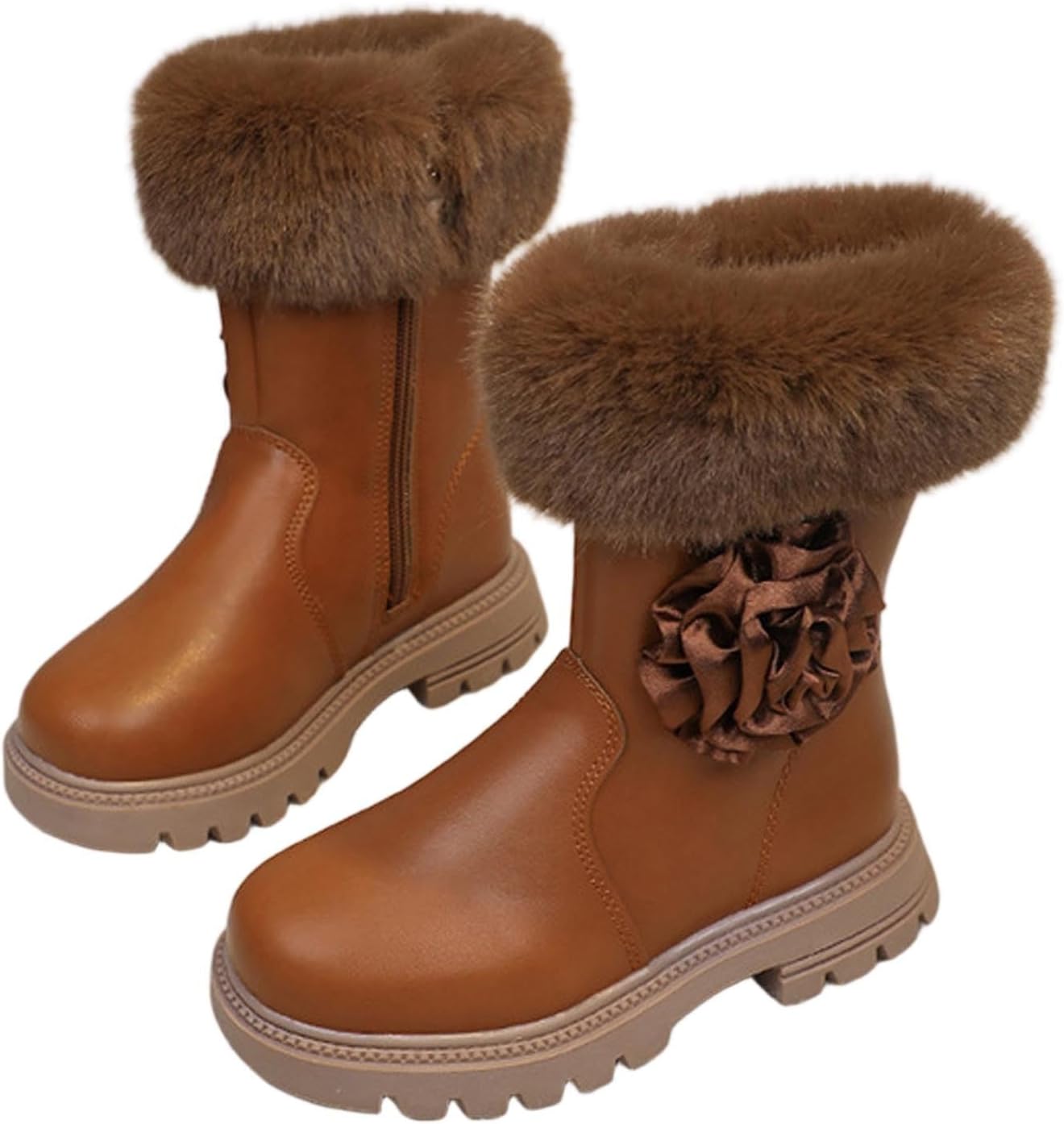

Детские теплые зимние сапоги до середины икры с мягкой подкладкой из искусственного меха, ботильоны на молнии сбоку, короткие сапоги из искусственной кожи Generic, коричневый