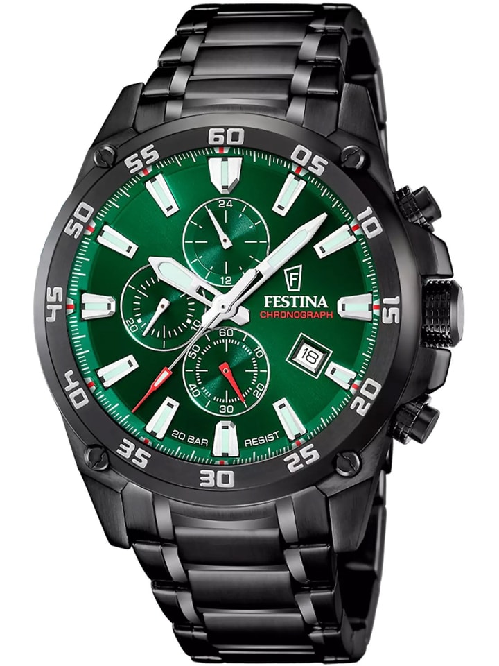 

Festina Мужские часы-хронограф, черно-зеленые, 20 бар