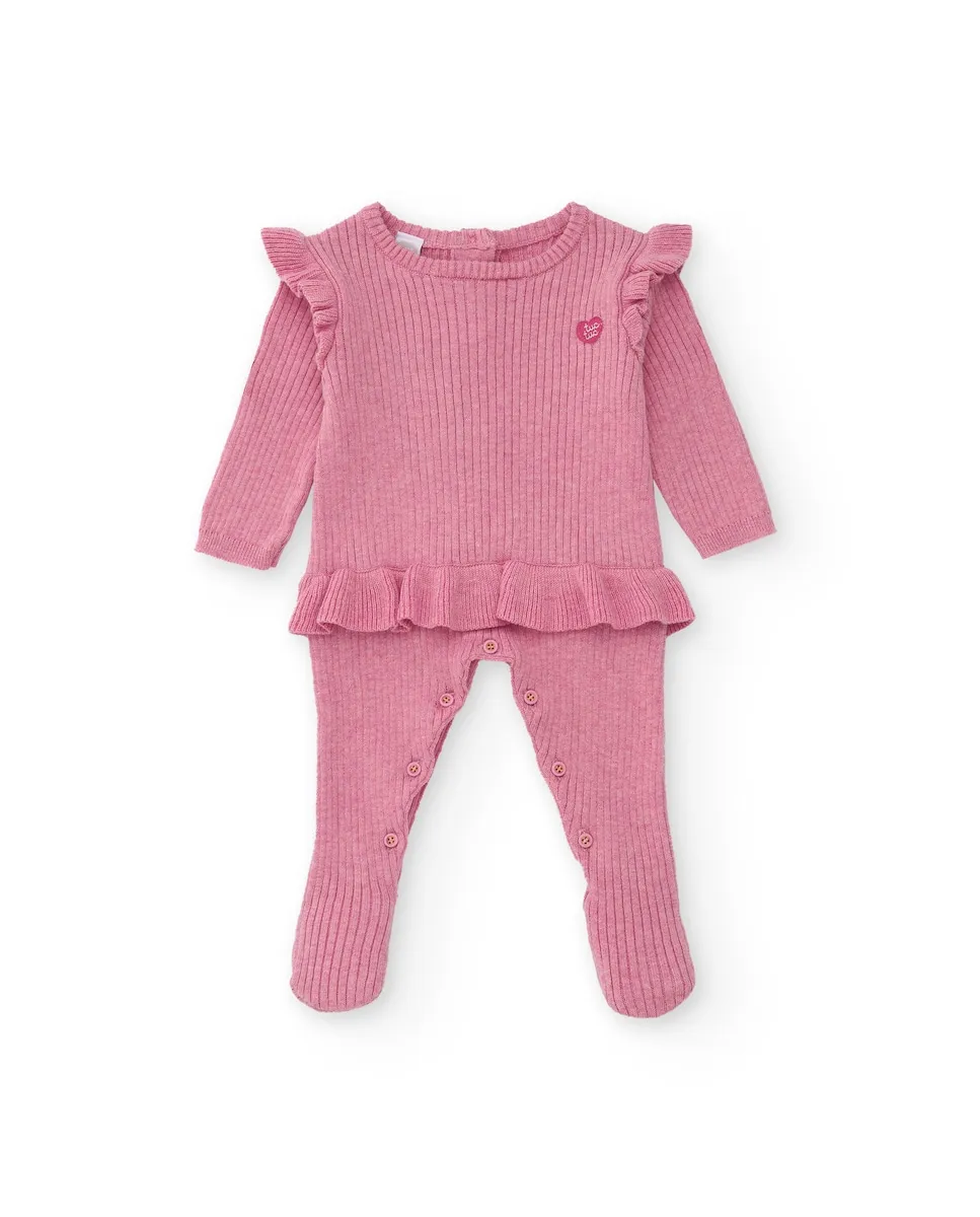 

Вязаный детский комбинезончик розового цвета с декоративными воланами Tuc tuc