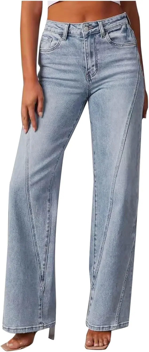 Джинсы с высокой талией, прямые, свободные, Womens Jeans, синие
