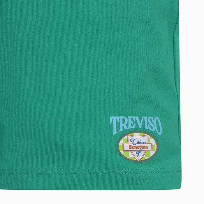 Детские графические шорты длиной 4 части зелёного цвета от Benetton Kids — фото 4