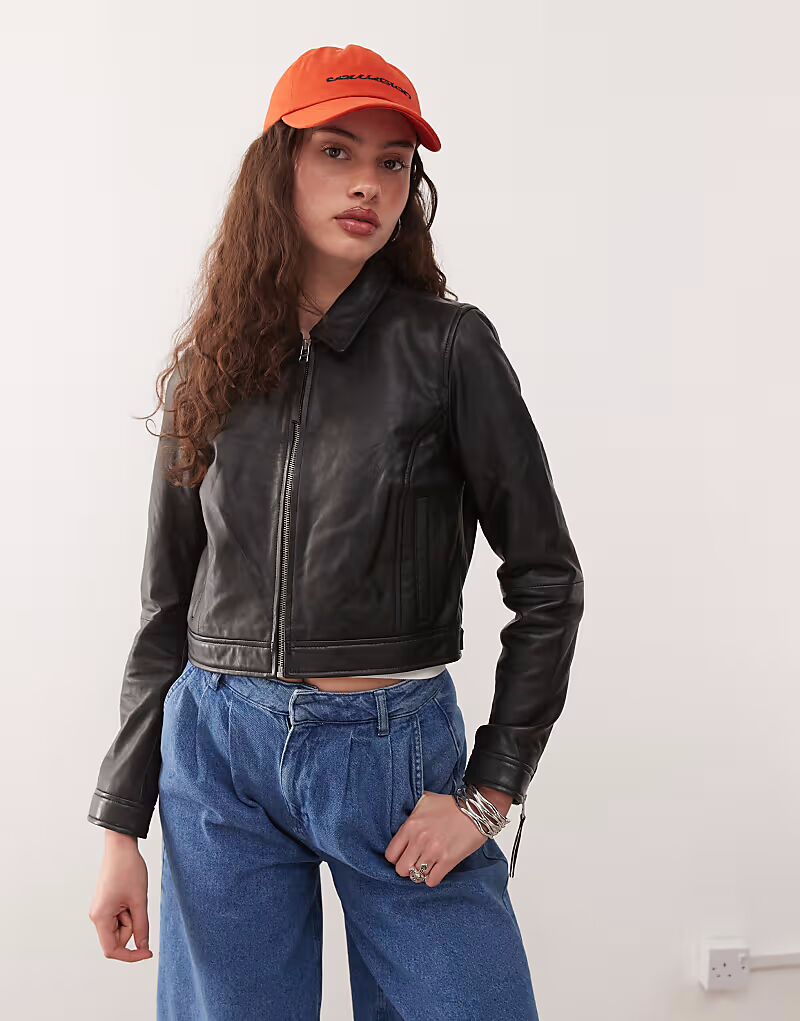 

Укороченная куртка-харрингтон Barneys Originals из натуральной кожи черного цвета