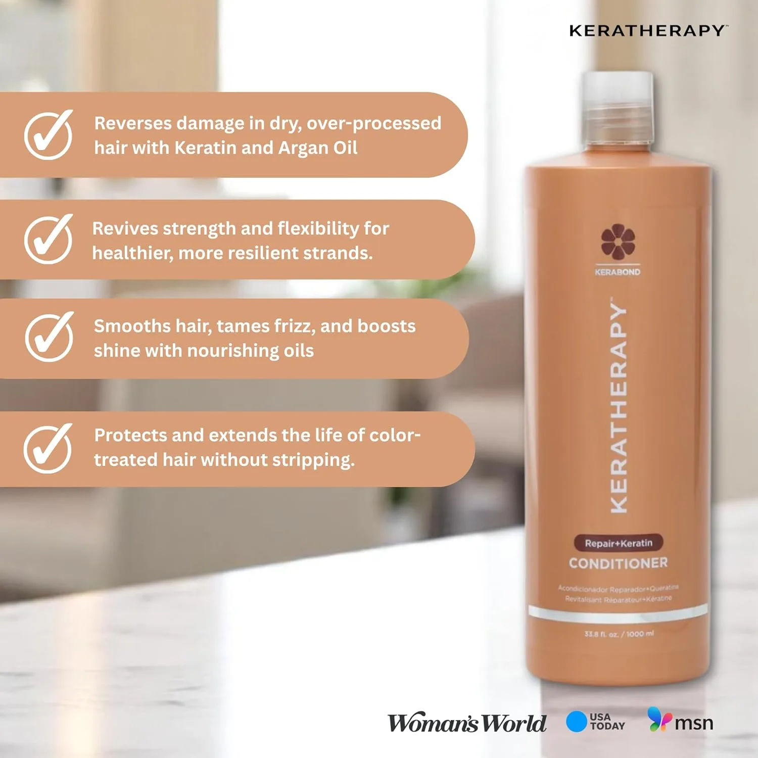 KERATHERAPY Keratin Infused KeratinFIXX Repair Conditioner, 1000 мл - восстанавливающий кондиционер для сухих, поврежденных или пушащихся волос с экстрактом икры, аргановым маслом и Kerabond — фото 3