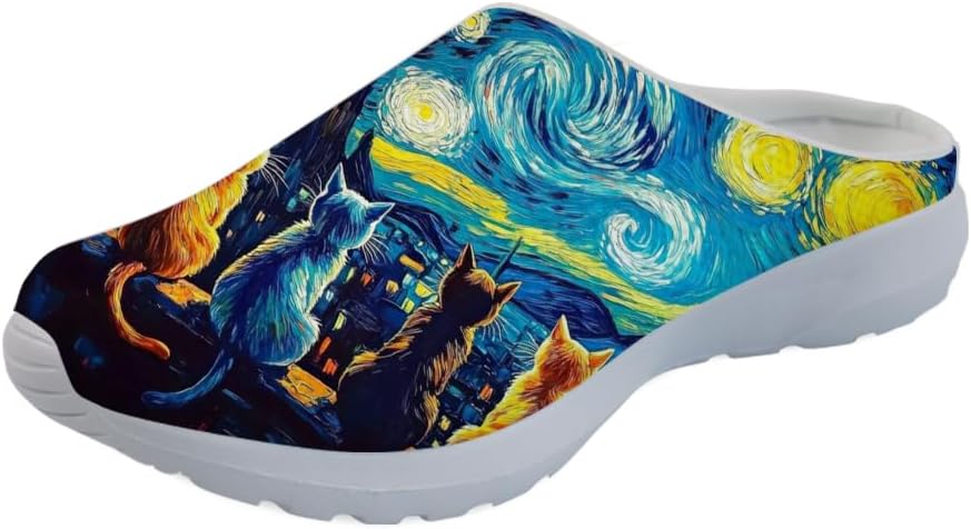 

Женские сабо Forchrinse с принтом кошки, мужские кроссовки-тапочки Kitten для прогулок, с поддержкой свода стопы, садовые сабо с ортопедической стелькой, Colorful Cat Starry Night