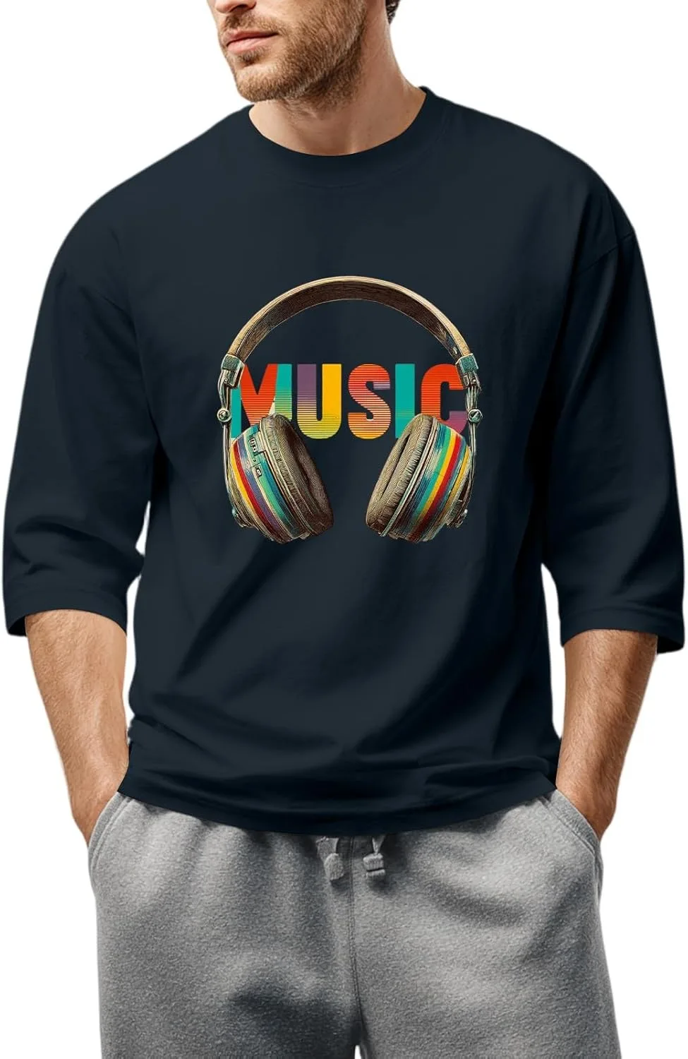 

FQZWONG футболка для мужчин с принтом, casual, 3/4 рукава, свободный крой