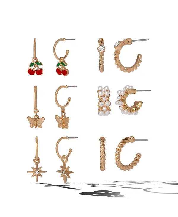 

Комплект из 6 пар серег-колец хагги золотистого оттенка с паве и подвесками Jessica Simpson, gold-tone/multi