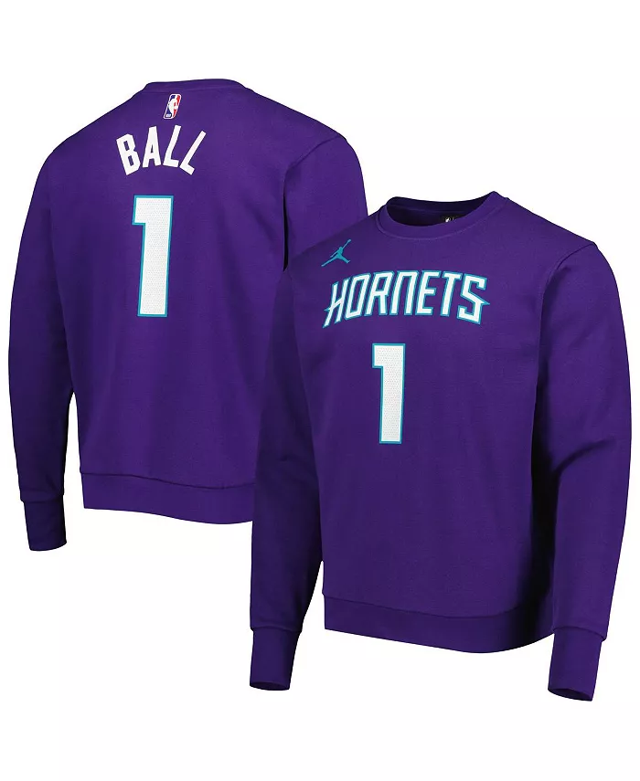 Мужской свитшот с капюшоном LaMelo Ball в фиолетовом цвете Charlotte Hornets с именем и номером Jordan — фото 4