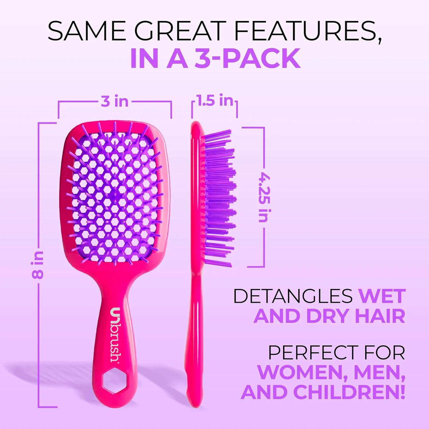 Щетка для волос FHI Heat UNbrush (набор 3 шт) - для всех типов влажных и сухих волос, безболезненное расчесывание, антистатические щетинки DuoFlex, легкая дорожная щетка (Neon Collection), Neon Collection — фото 4