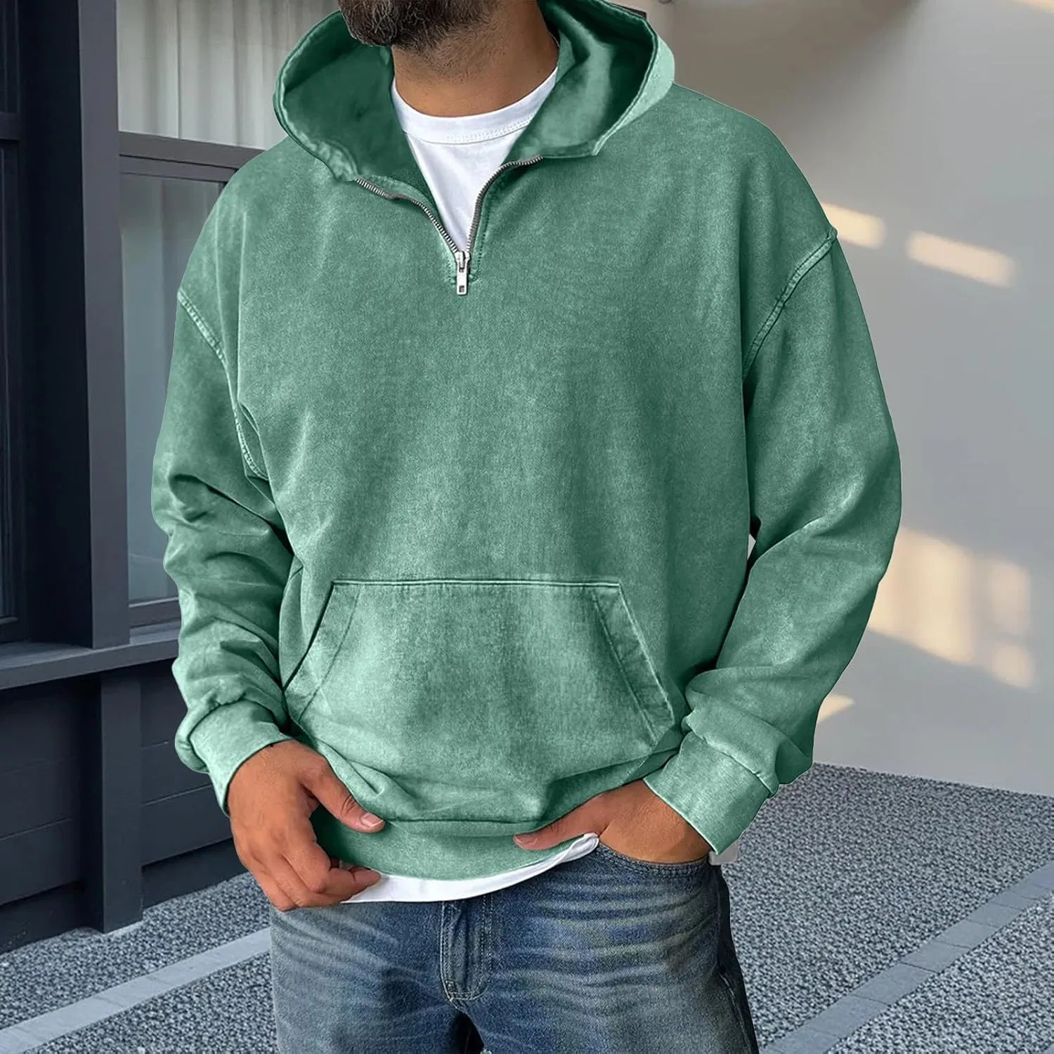 Худи мужское с капюшоном, quarter zip, бренд Generic, цвет Green — фото 2