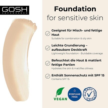 Тональный крем GOSH с SPF 15 для светлой и темной кожи. Веганский матирующий макияж для сухой, чувствительной и жирной кожи — 004N. — фото 2