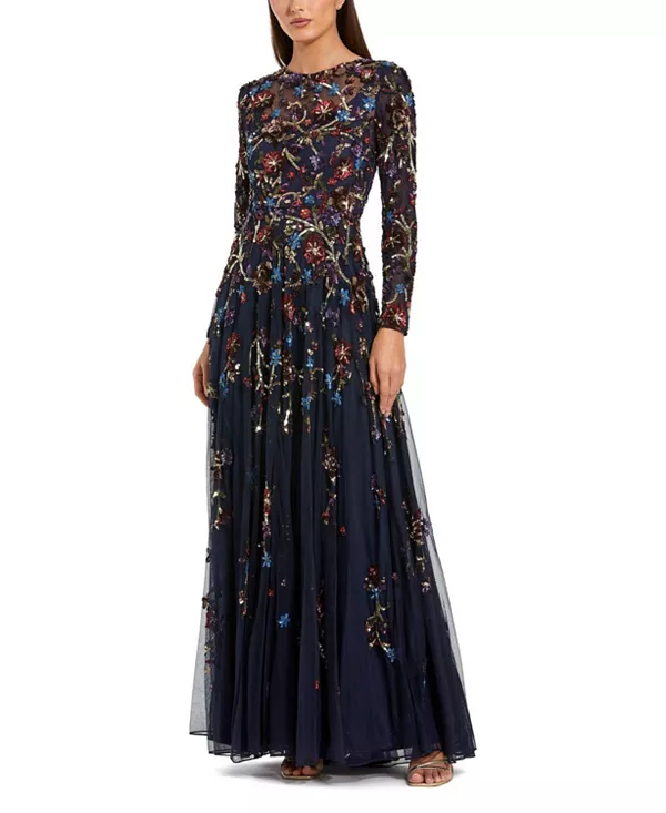 

Платье А-силуэта с длинными рукавами, высоким воротником и отделкой из бисера и сетчатой ткани. Mac Duggal, синий