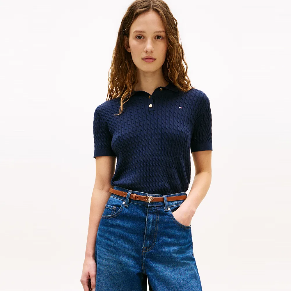 Женский хлопковый свитер-поло с косами тёмно-синий от Tommy Hilfiger Women