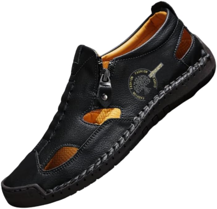 

Мужские кожаные повседневные сандалии с боковой молнией, ручная строчка, дышащая летняя обувь, доступные в белом, черном и синем цветах Generic