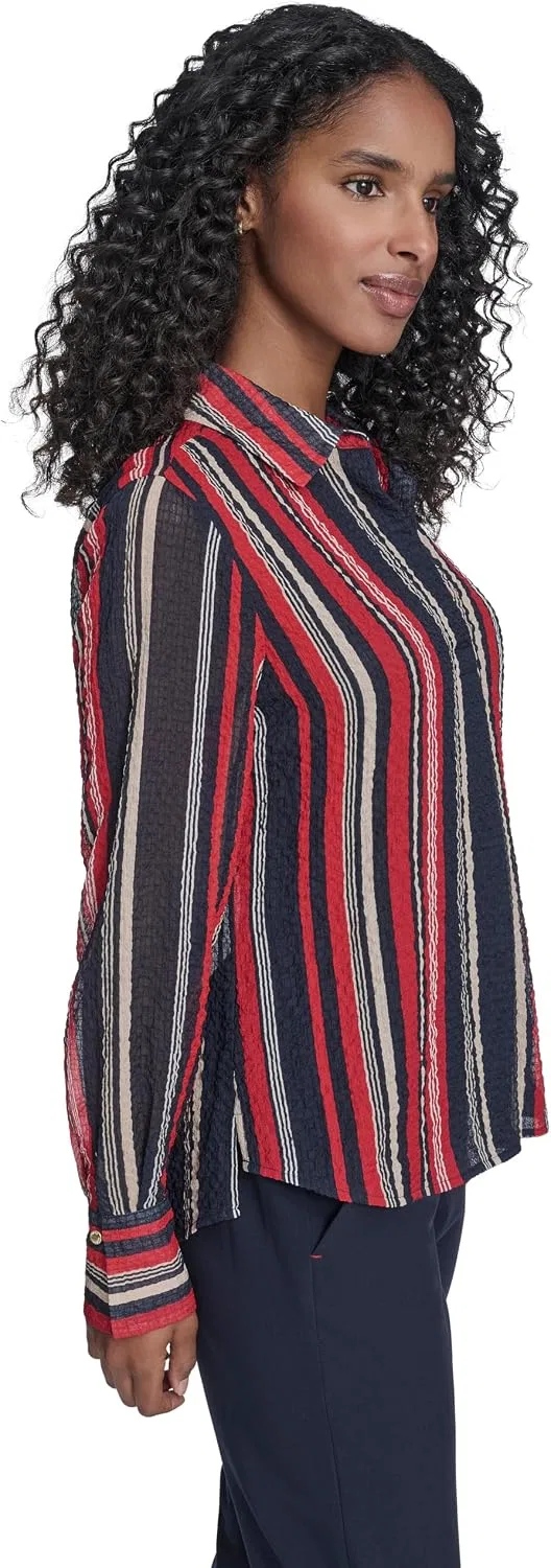 Блуза поло, длинный рукав, полосатая, Tommy Hilfiger, темно-синий/алый — фото 3