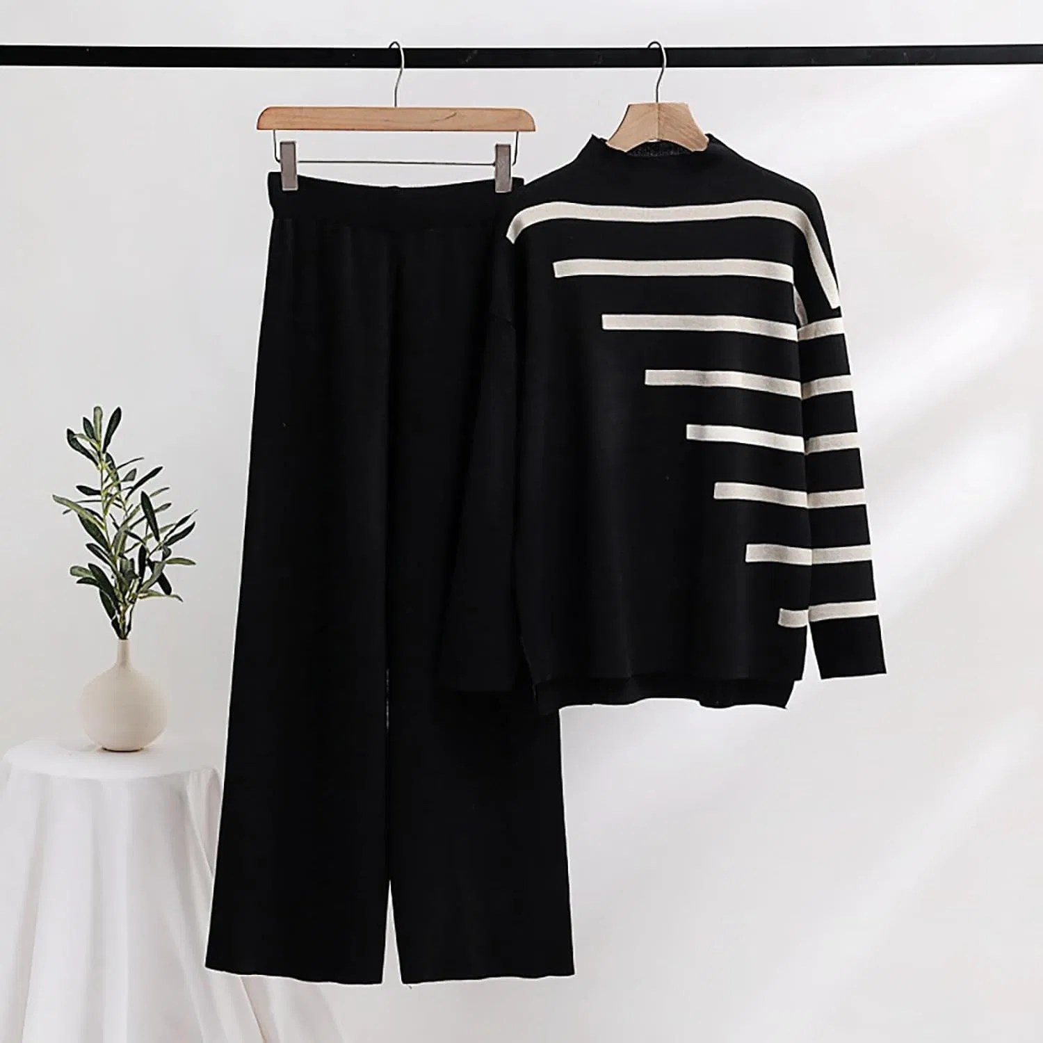 Спортивный костюм Ribbed Knit, Long Sleeve Pullover Sweaters, Wide Leg Pants, Y2k, A02_black