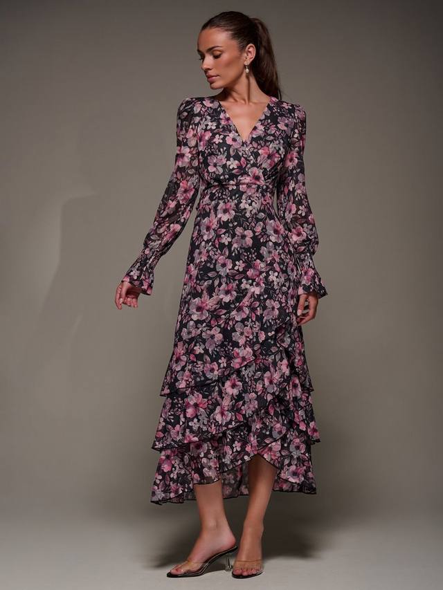 

Флоральное длинное платье с длинными рукавами из сетки Jolie Moi, Black Pink Floral