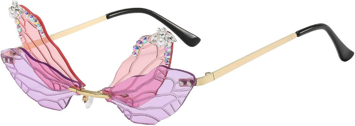 

Солнцезащитные очки COTIA Dragonfly Wing для женщин, без оправы, асимметричной формы, модные, с блестками и бриллиантами, для вечеринки, Хэллоуина, костюма, Pink Purple