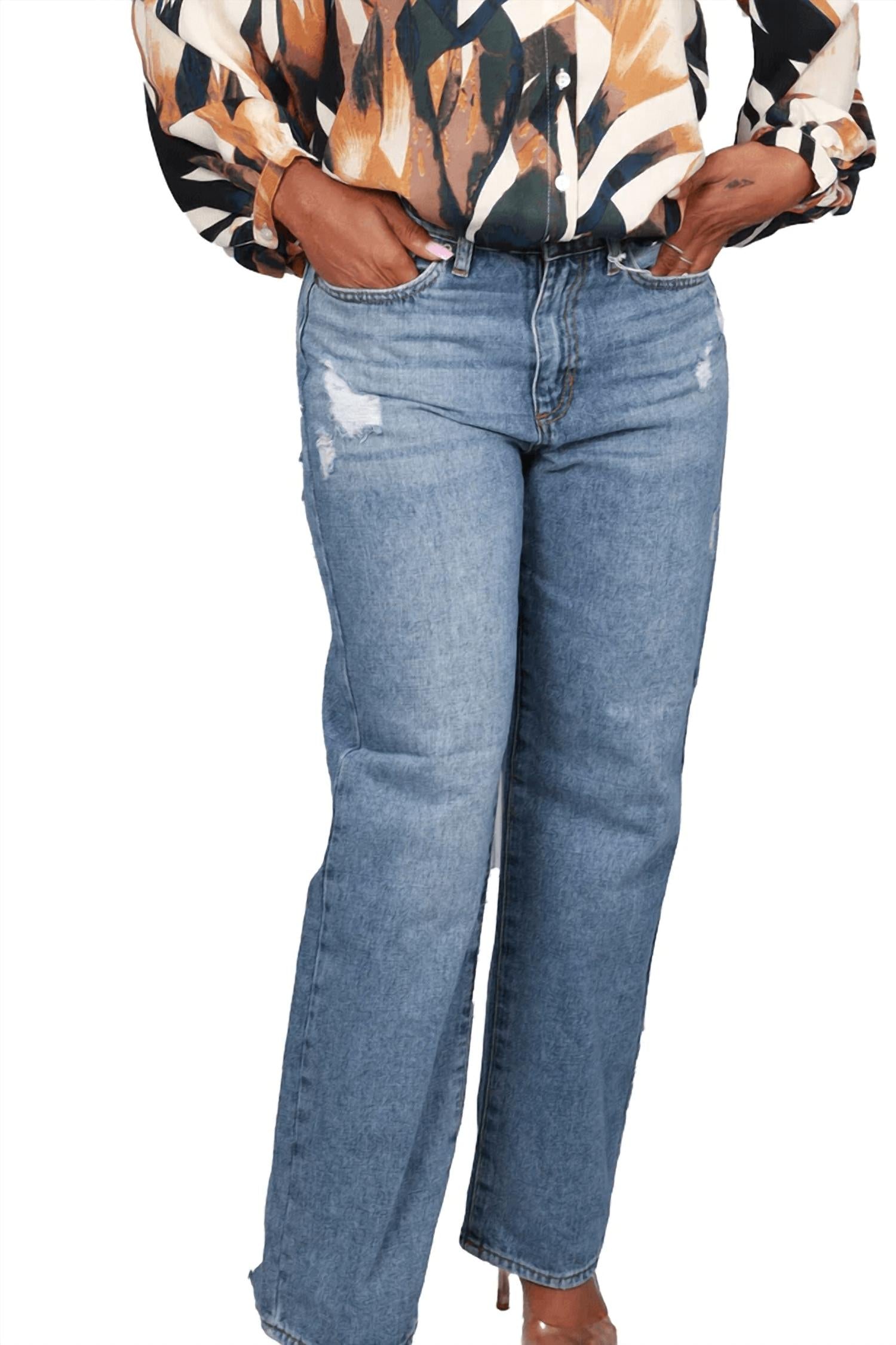 

Высокие потертые джинсы Dad в синем цвете JUST BLACK DENIM
