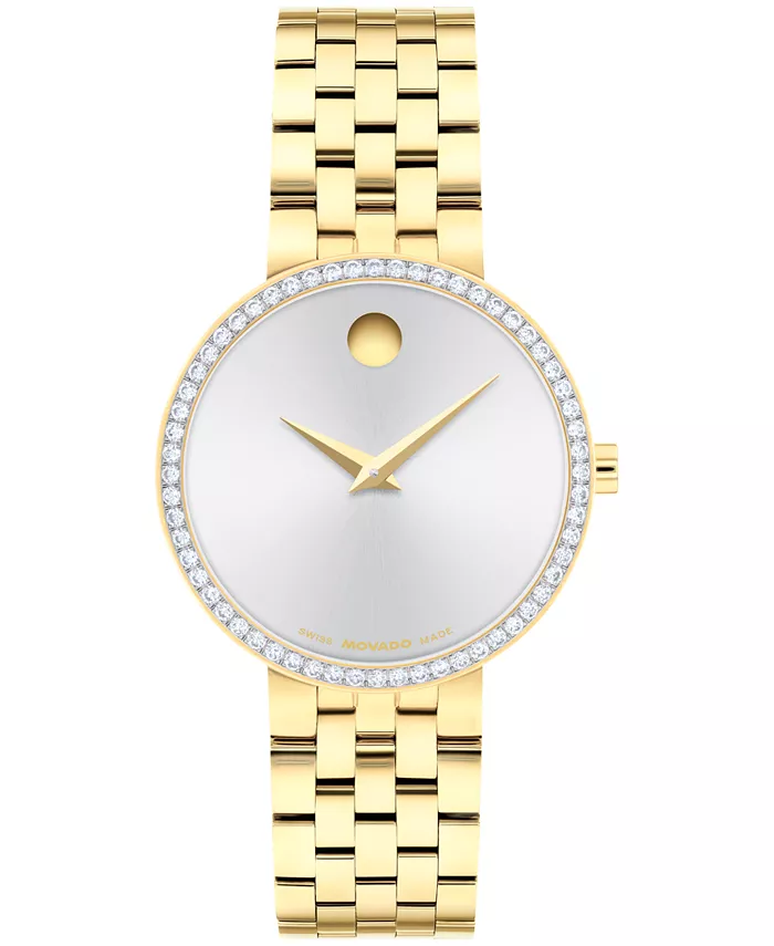

Женские часы Museum Classic со швейцарским кварцевым механизмом, 29.5 мм, с искусственно выращенными бриллиантами и светло-желтым PVD-покрытием Movado