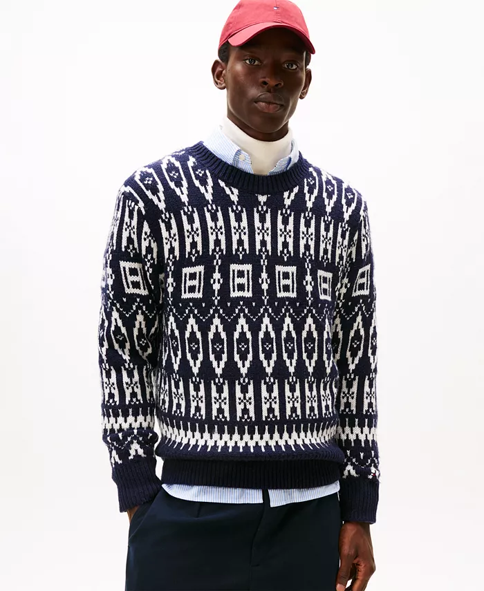 

Мужской свитер с узором Fair Isle из шерстяной смеси с длинными рукавами Tommy Hilfiger, синий
