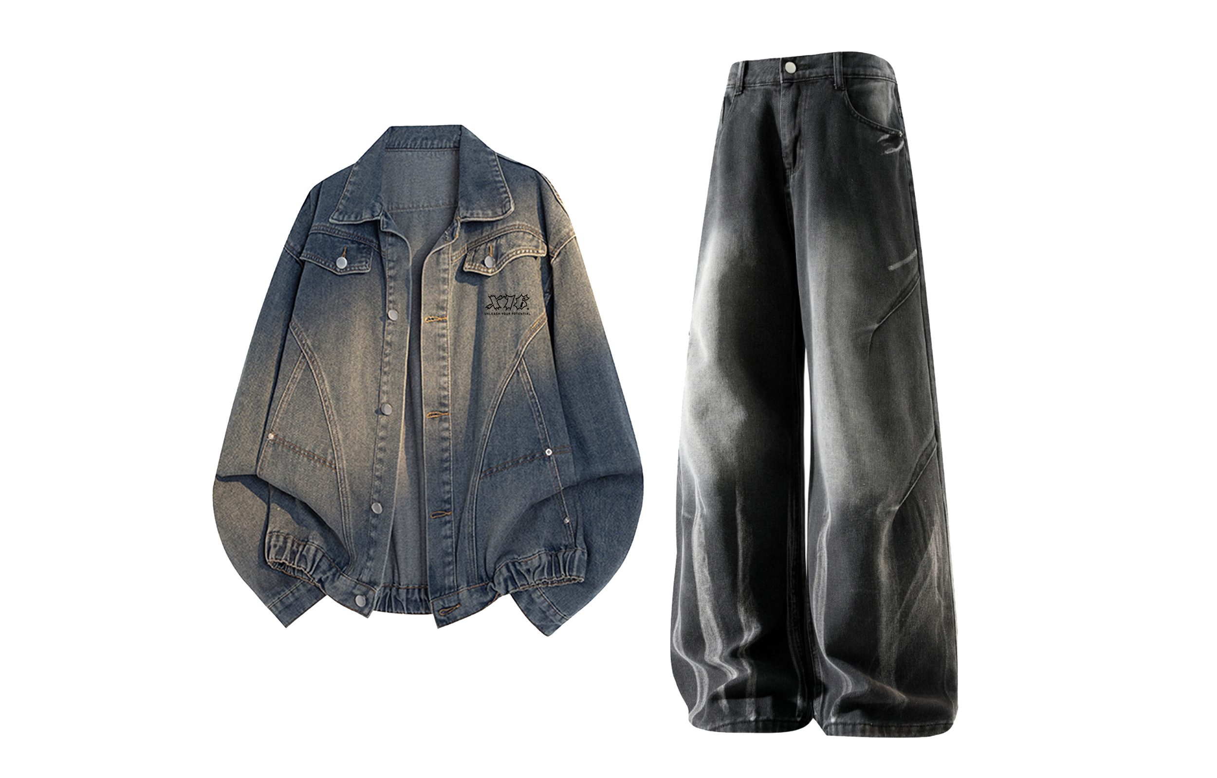 

Повседневная спортивная одежда Unisex с лацканом Lapel Moderate X1617, синий denim jacket+черный pants