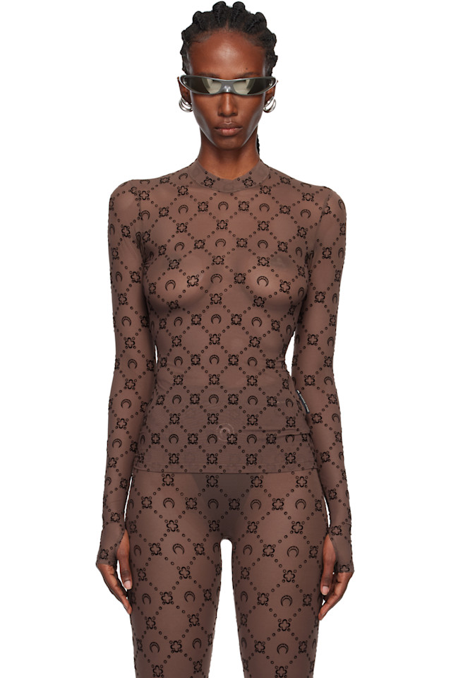 

Marine Serre Эксклюзивный топ Ssense из коричневого бархата с высоким воротником, облегающий фигуру