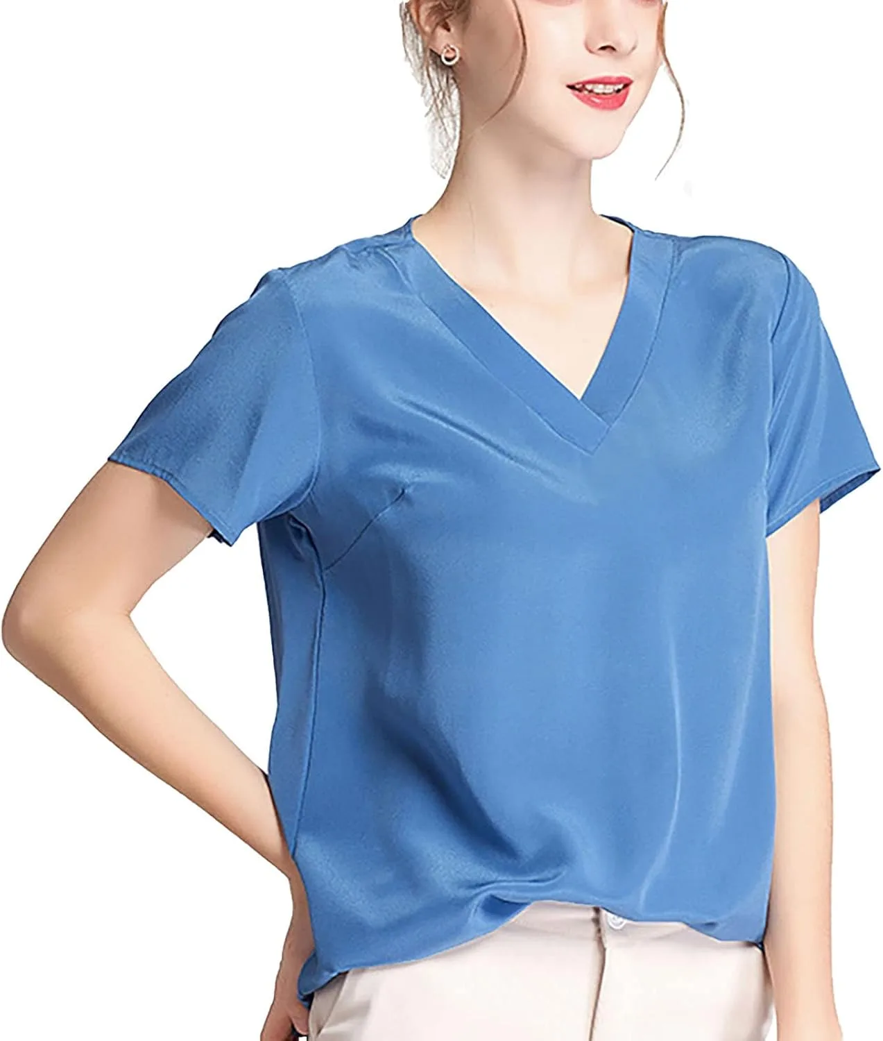 

Женская футболка из 100% шелка тутового шелкопряда, короткий рукав, V-образный вырез, цвет Blue CYLZRCl