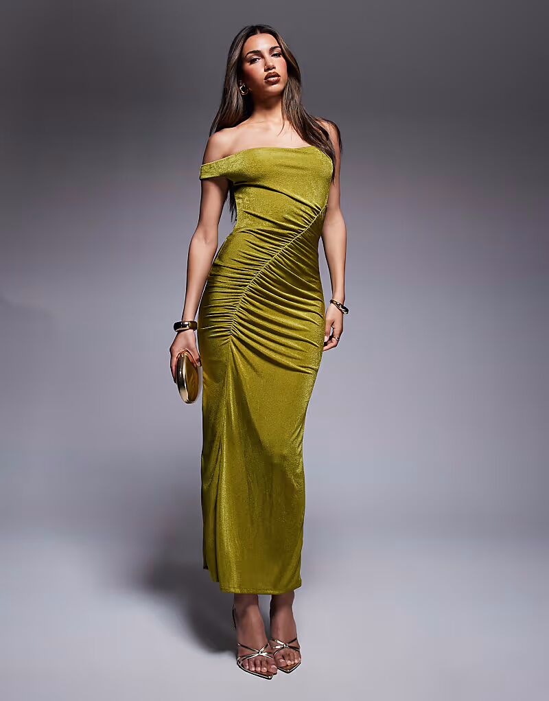 

Длинное платье со спущенными плечами и сборками зеленого цвета Asos Design