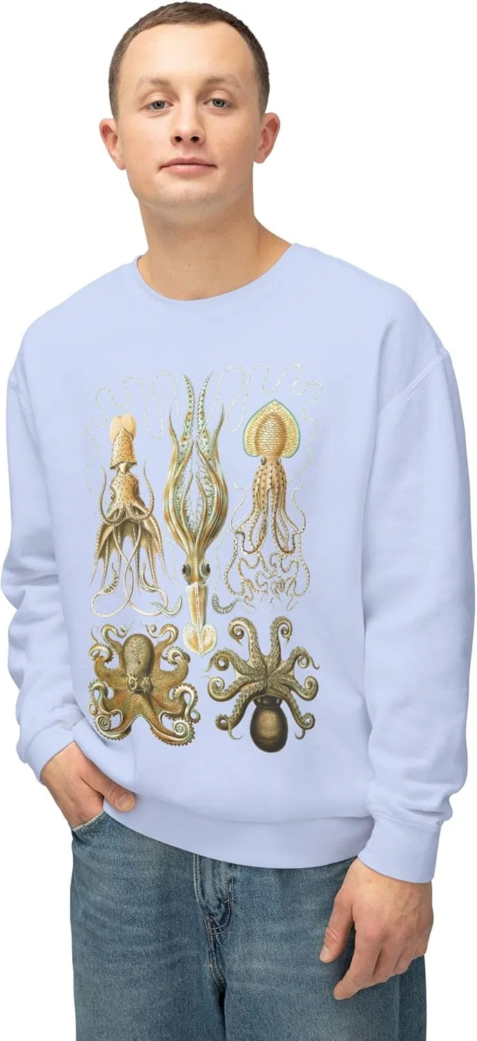 Легкая толстовка Octopods, винтажное изображение осьминога Эрнста Геккеля, джемпер унисекс с круглым вырезом, научная тематика — фото 3