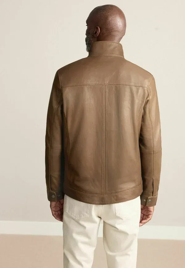 Куртка Regular fit, бренд Next, модель Signature Funnel Neck Leather Jacket, цвет коричневый нубук — фото 3