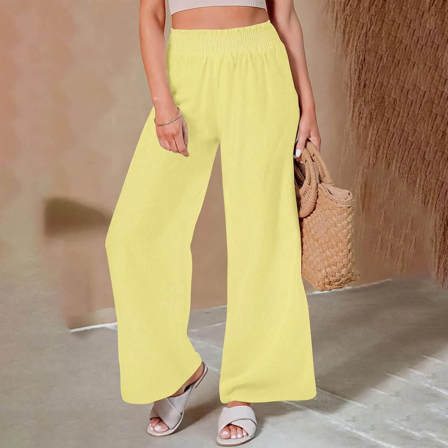 Льняные брюки для женщин Vacation Wide Leg High Waist Palazzo, летние струящиеся пляжные повседневные брюки с карманом Generic, желтый — фото 2