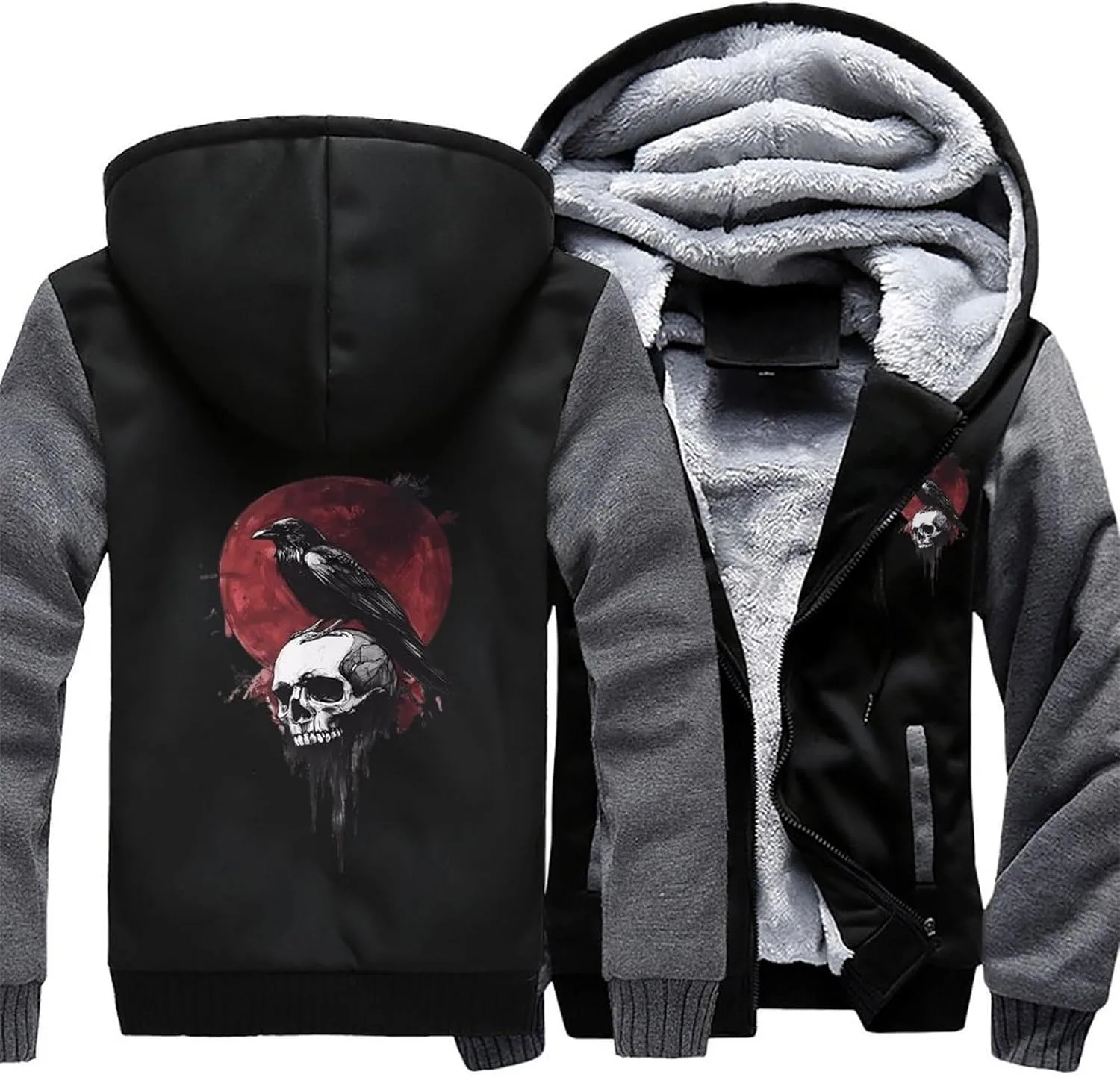 Толстовка с капюшоном Crow Standing on Skull, мужская, утепленная, из плотного флиса, с карманами, зимняя Generic, серый — фото 3