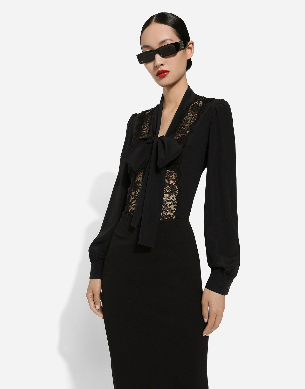 Шелковая рубашка с кружевной вставкой Dolce & Gabbana, черный — фото 4