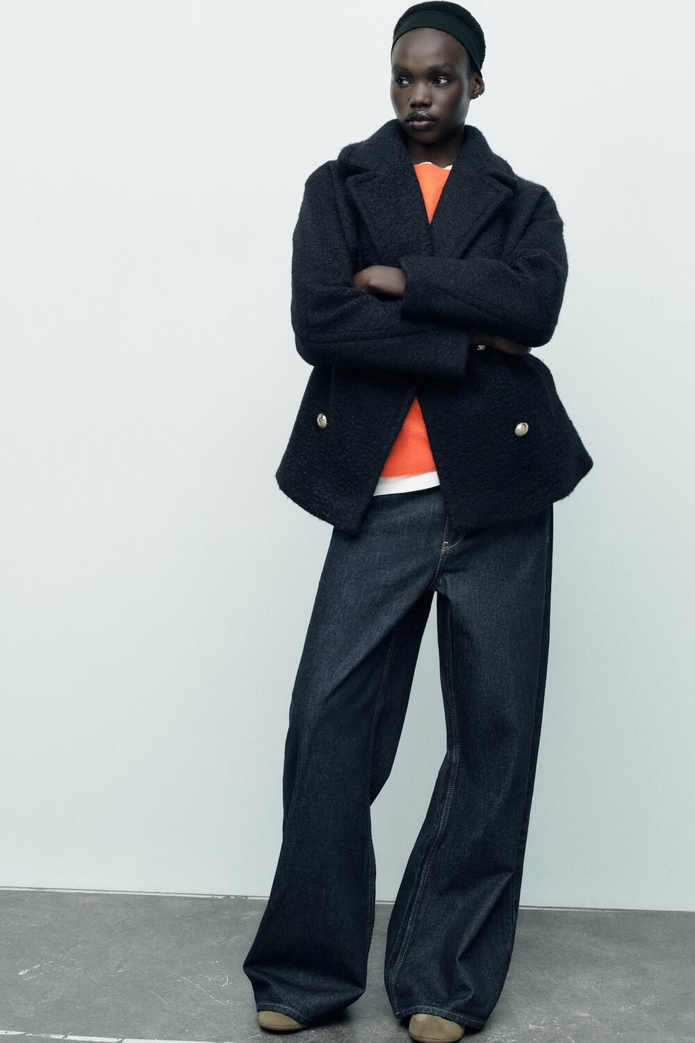 

Полудиненное пальто из букле ZARA, темно-синий