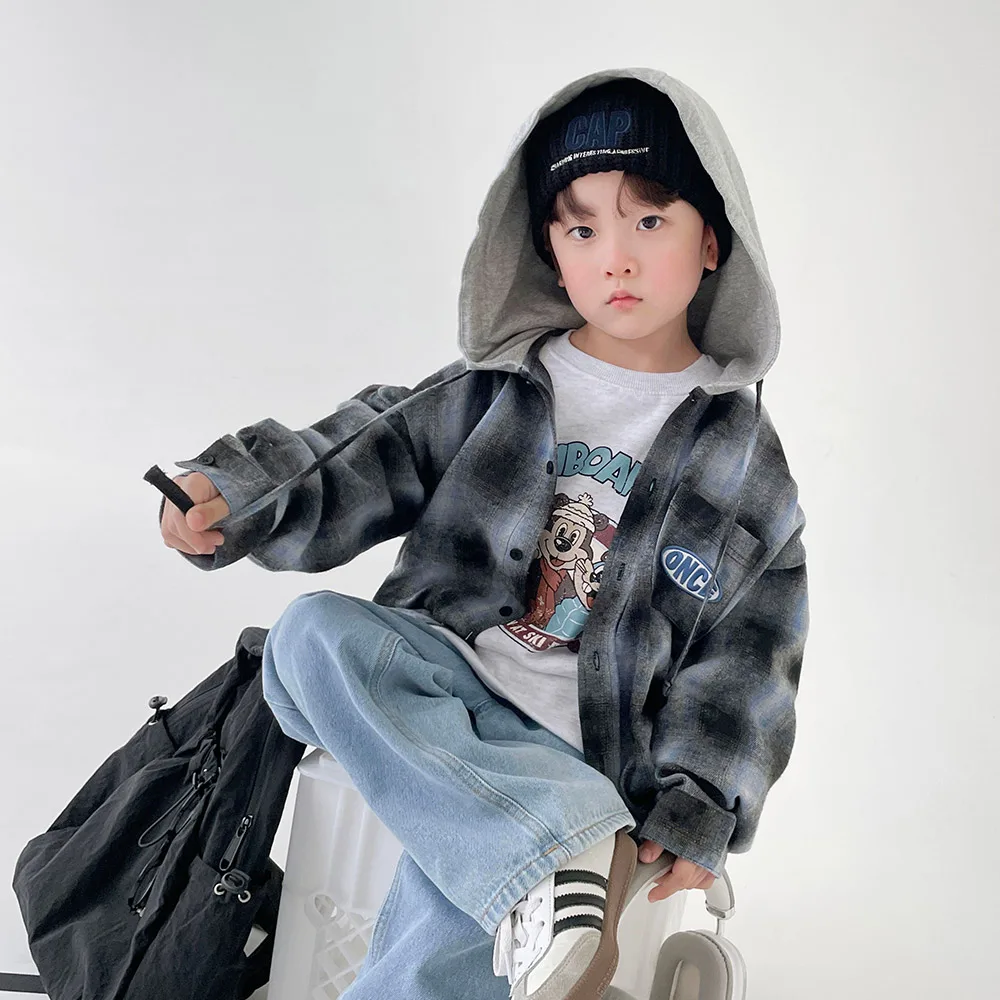 Мужская/Детская хлопковая рубашка в клетку с капюшоном BERRYCLOSET синяя