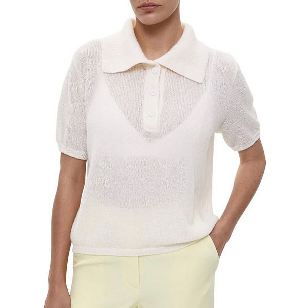 

Женский короткий рукав поло свитер v-образный вырез вязаный топ повседневная ребристая рубашка свободный пуловер Yesfashion, White