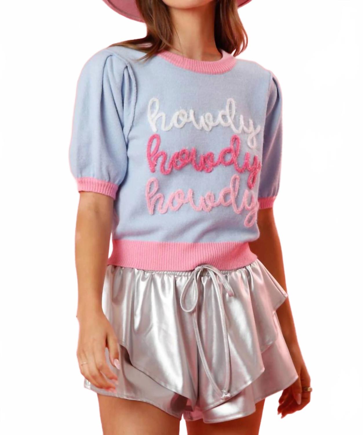 

Синий свитер с цветными блоками и вышивкой люрексом Peach Love