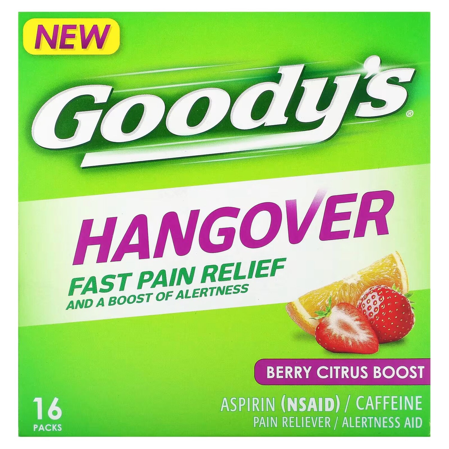 

Hangover, быстрое облегчение боли, ягодно-цитрусовый заряд, 16 упаковок Goody'S